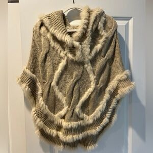 Real Rabbit Fur Cotton Cable Knit Cream Poncho